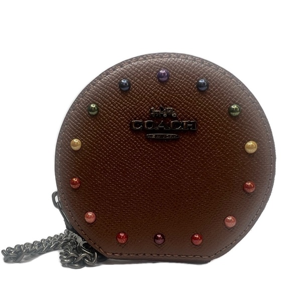 COACH ROUND COIN CASE RAINBOW RIVETS 
DARK SADDLE PRIDE ANTIQUE NICKEL F31574 - Picture 9 of 11